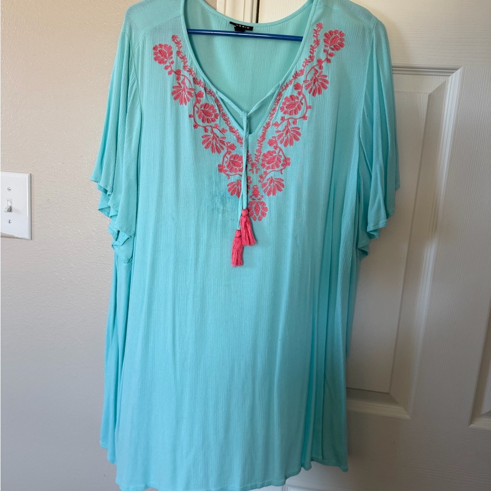 Torrid Aqua Blouse with Pink Embroidery